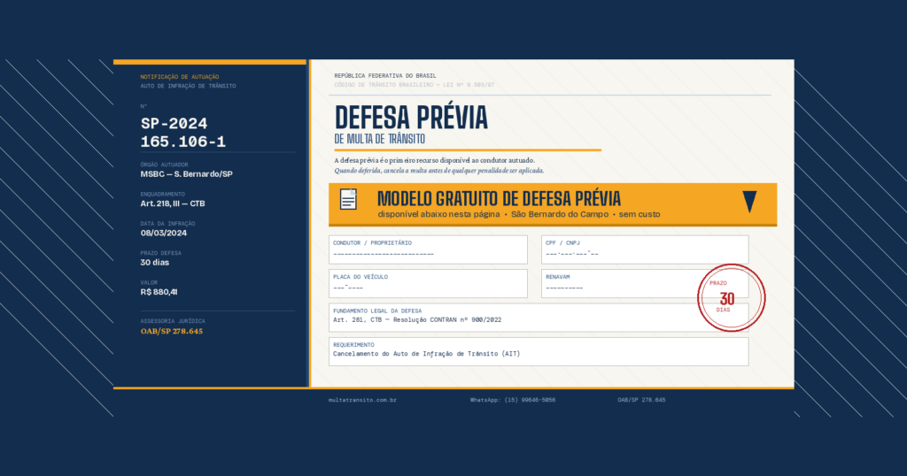 defesa prévia multa São Bernardo do Campo — modelo gratuito OAB/SP 278.645