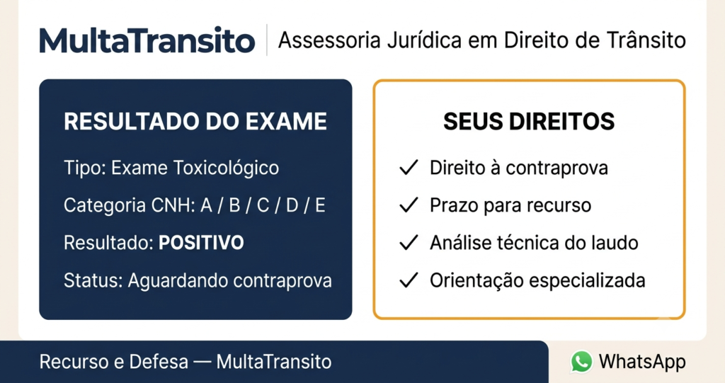 Exame toxicológico positivo — direitos do motorista e prazo para contraprova